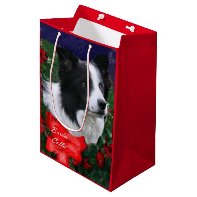 Sac Cadeau Moyen Bordure Collie Noël (Devant Angle)