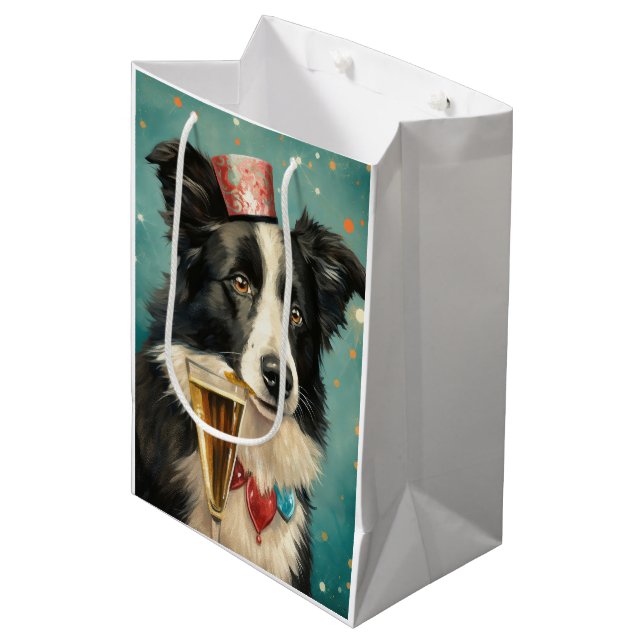 Sac Cadeau Moyen Bordure Collie Nouvel An (Devant Angle)