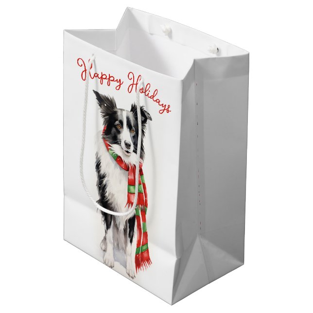 Sac Cadeau Moyen Bordure de Noël Collie Chien (Devant Angle)