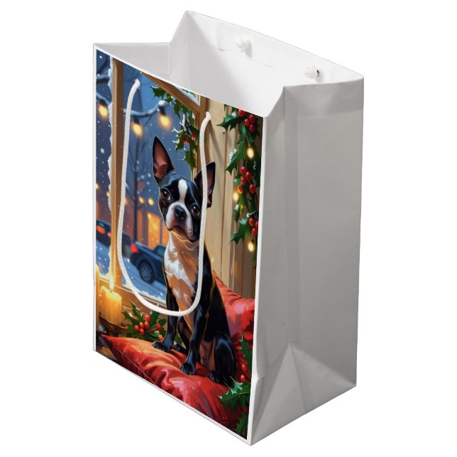 Sac Cadeau Moyen Boston Terrier avec Noël Lumières (Devant Angle)