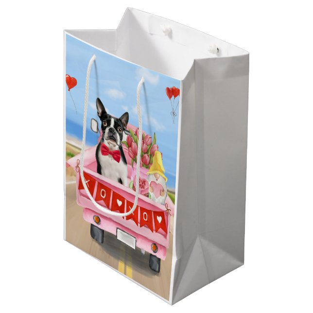 Sac Cadeau Moyen Boston Terrier Chien Valentine's Day Truck Hearts (Devant Angle)