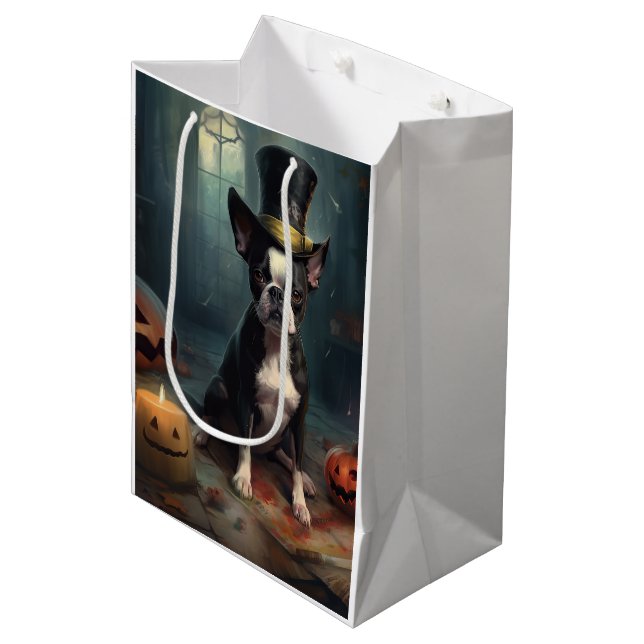 Sac Cadeau Moyen Boston Terrier Citrouille Halloween effroi (Devant Angle)