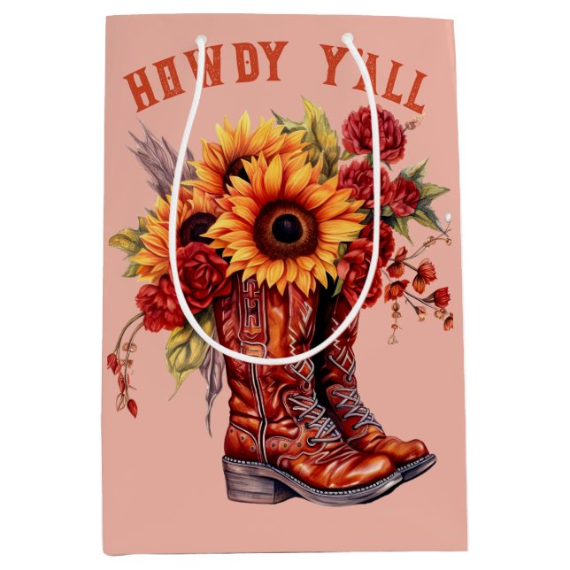 Sac Cadeau Moyen Bottes Cowboy, tournesol howdy y'all Boots (Devant)