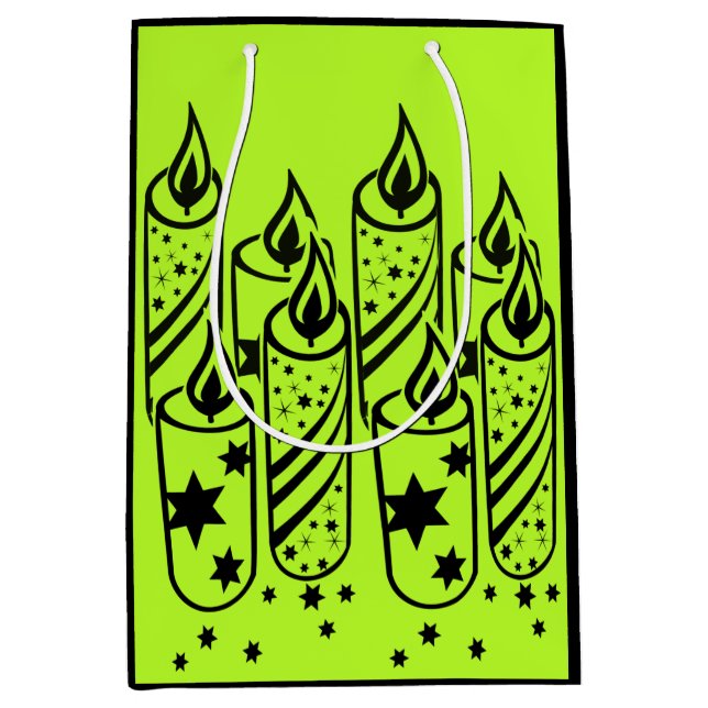 Sac Cadeau Moyen Bougies de Noël Lime et Noir Élégantes (Devant)