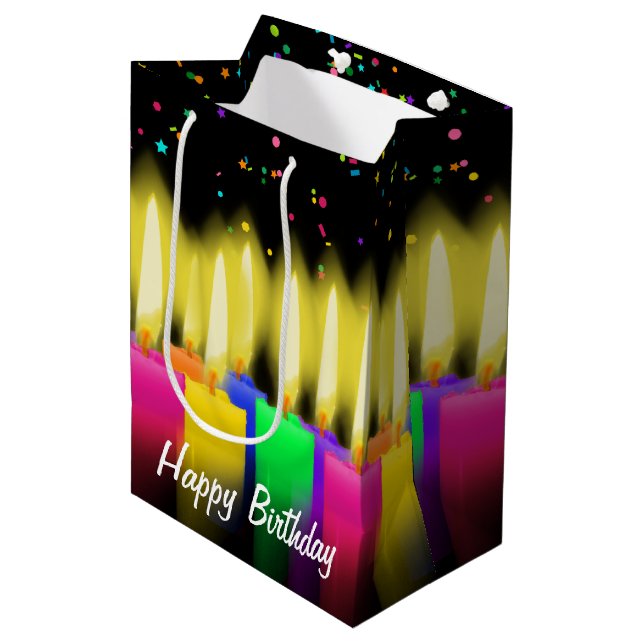 Sac Cadeau Moyen Bougies et confetti d'anniversaire en noir (Devant Angle)