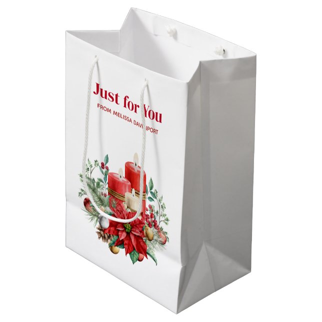 Sac Cadeau Moyen Bouquet de bougies et Poinsettia Noël (Devant Angle)