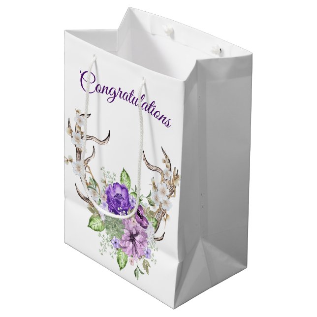 Sac Cadeau Moyen Bouquet mariage d'aquarelle Deer Antler (Devant Angle)