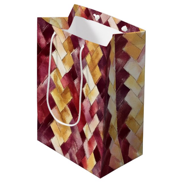 Sac Cadeau Moyen Bourgogne Or Pêche Zigzag Noël (Devant Angle)