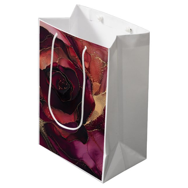Sac Cadeau Moyen Bourgogne Rose Gold Floral  (Devant Angle)