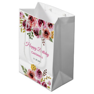 Sac Cadeau Moyen Bourgogne violet Rose Rustique Floral Anniversaire