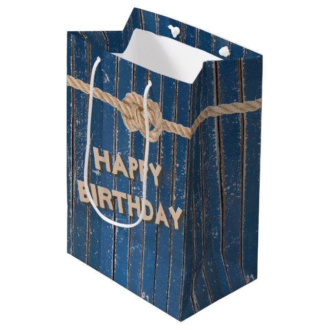 Sac Cadeau Moyen Bouton de corde sur bois d'armature bleu (Devant Angle)