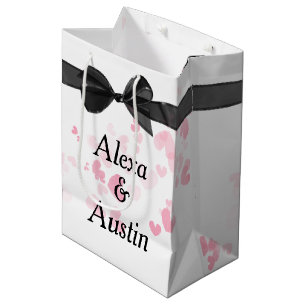 Sac Cadeau Moyen Bow Mariage Noir Sur Blanc Avec Coeurs