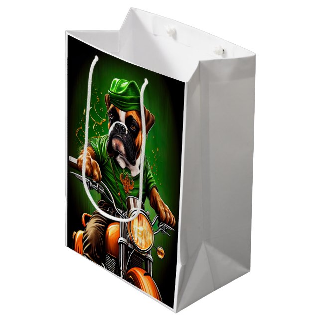 Sac Cadeau Moyen Boxer Chien Conduite Vélo St. Patrick's Day (Devant Angle)