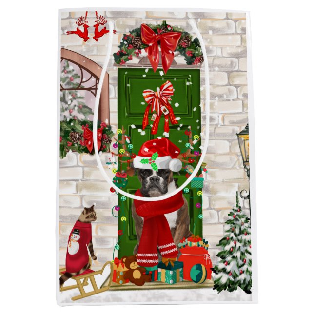 Sac Cadeau Moyen Boxer Chien de Noël Jeu d'oreiller (Devant)