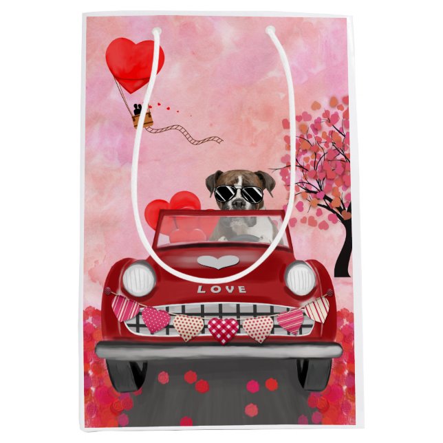Sac Cadeau Moyen Boxer Chien voiture avec les coeurs Valentine's (Devant)