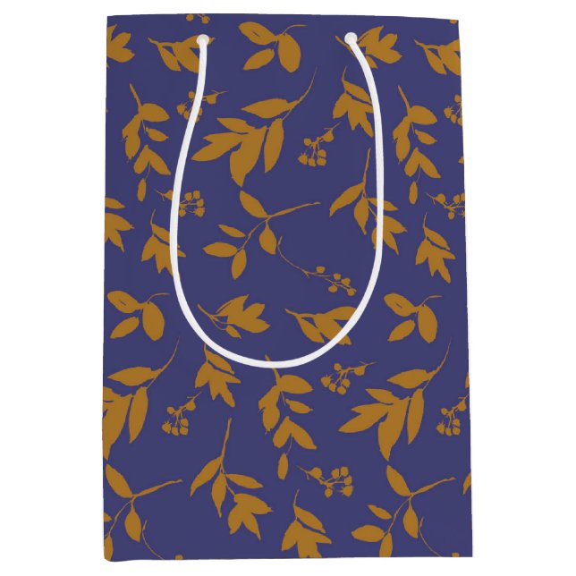 Sac Cadeau Moyen Branche feuillue jaune sur fond bleu  (Devant)