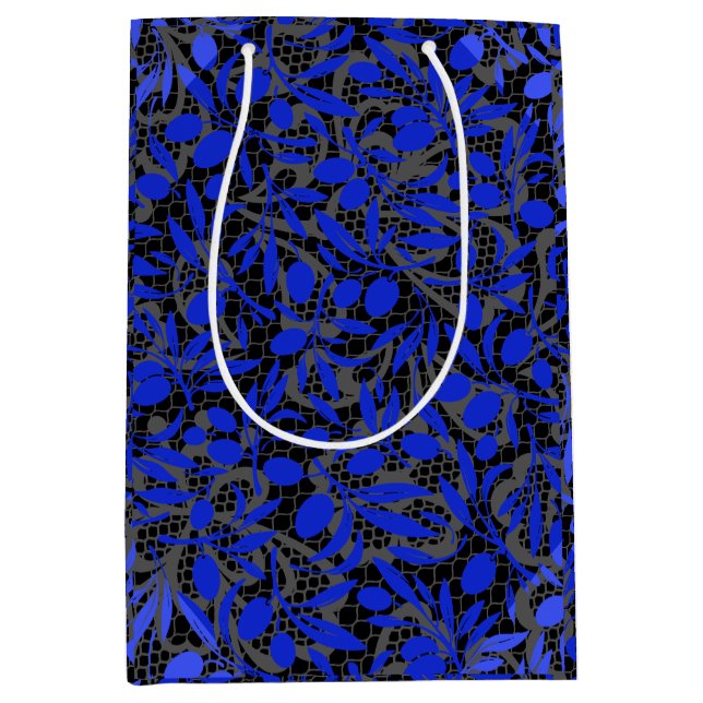 Sac Cadeau Moyen Branches de fruits bleus sur Gris net.2tonesx4 Bla (Devant)
