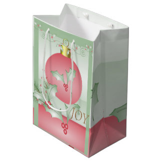 Sac Cadeau Moyen Branches de houx vert clair rose