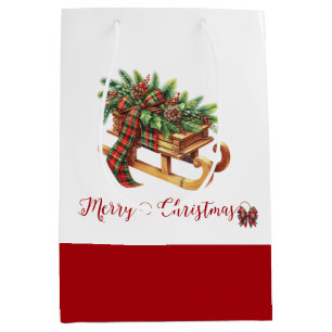 Sac Cadeau Moyen Branches de semis en bois vert et rouge