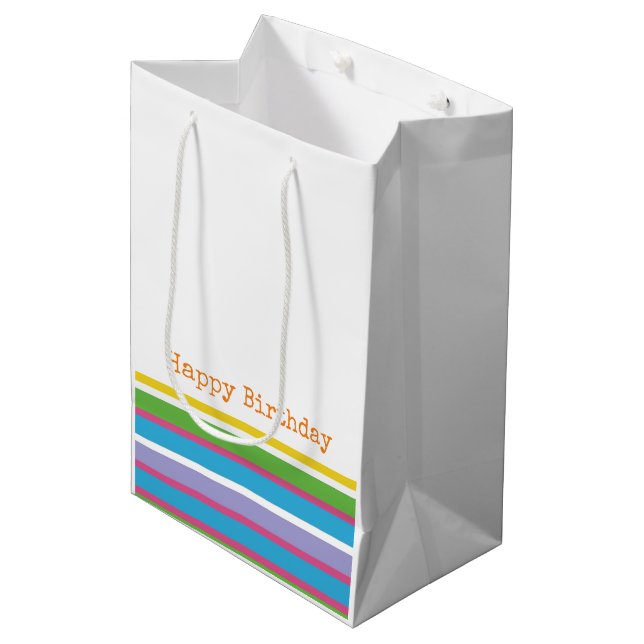 Sac Cadeau Moyen Bright Color Stripes Heureux Anniversaire Moderne  (Devant Angle)