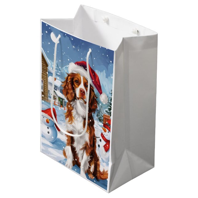Sac Cadeau Moyen Brittany Spaniel Dog Winter Wonderland Noël (Devant Angle)