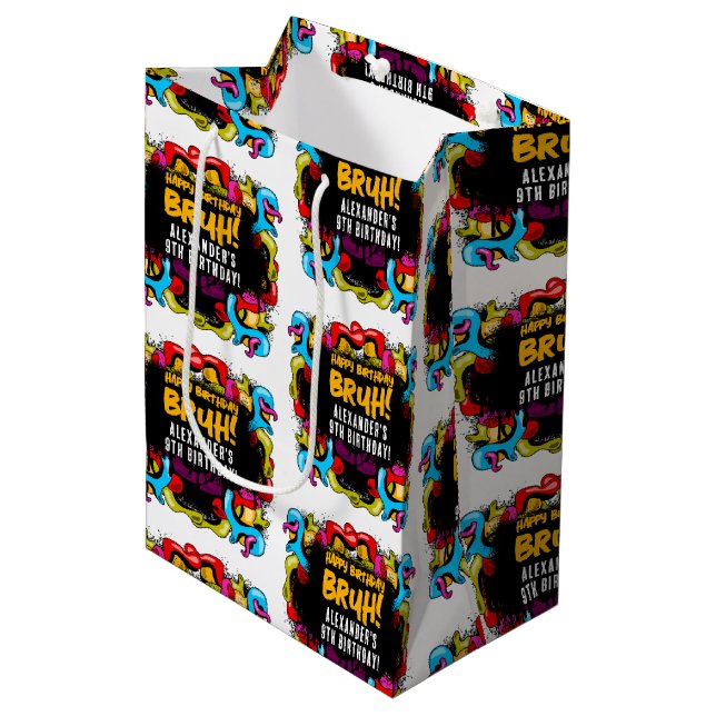 Sac Cadeau Moyen Bruh Neon Graffiti Hip Hop Street Art Birthday (Devant Angle)