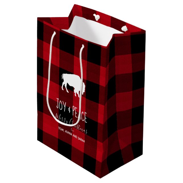 Sac Cadeau Moyen Buffalo Plaid Red and Black Joy & Peace ID603 (Devant Angle)