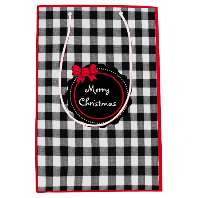 Sac Cadeau Moyen Buffalo Plaid Red Bow Joyeux Noël (Devant)