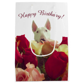 Sac Cadeau Moyen Bull terrier avec rose - Joyeux anniversaire!