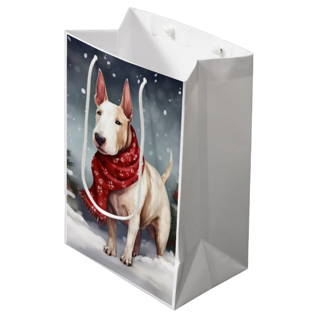 Sac Cadeau Moyen Bull Terrier Chien à Noël de neige (Devant Angle)