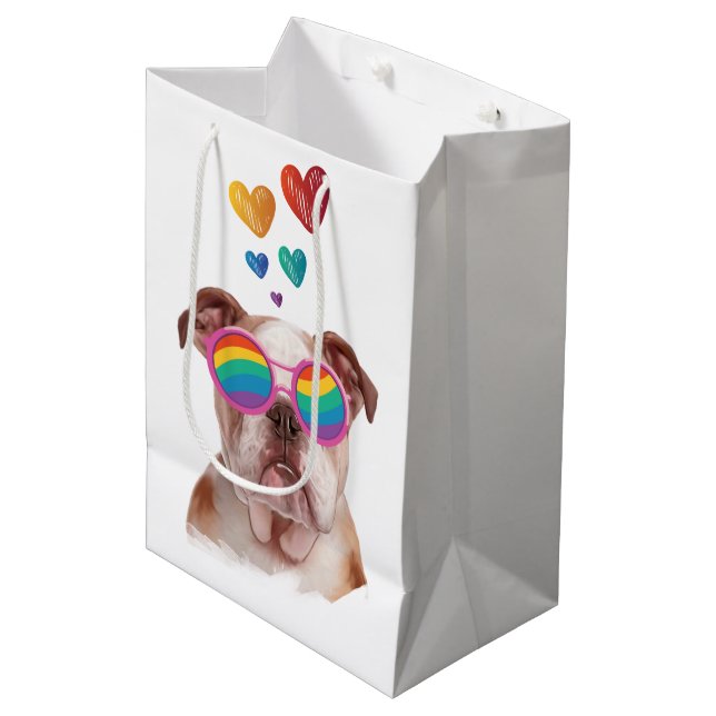 Sac Cadeau Moyen Bulldog anglais avec des coeurs Saint-Valentin (Devant Angle)