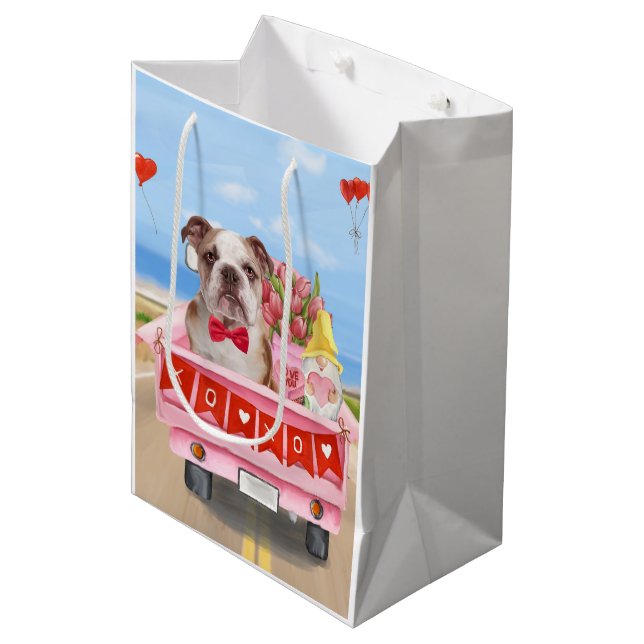 Sac Cadeau Moyen Bulldog anglais Saint-Valentin Coeurs de camion (Devant Angle)