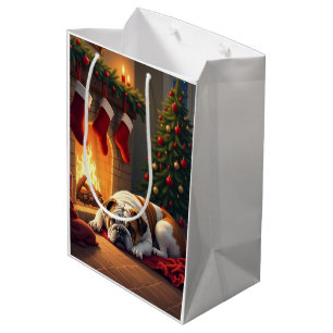 Sac Cadeau Moyen Bulldog au coin du feu, peinture de Noël