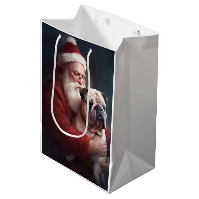 Sac Cadeau Moyen Bulldog avec Noël Festif du Père Noël (Devant Angle)