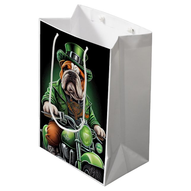 Sac Cadeau Moyen Bulldog Driving Bike St. Patrick's Day (Devant Angle)