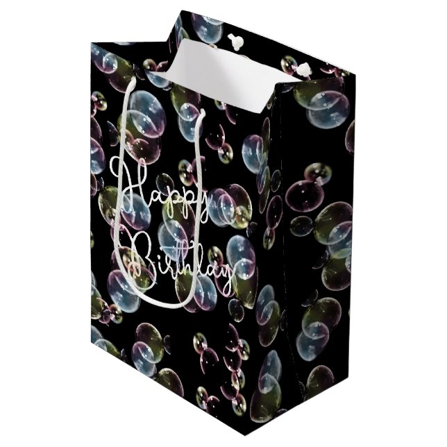 Sac Cadeau Moyen Bulles De Savon Anniversaire Sur Noir (Devant Angle)
