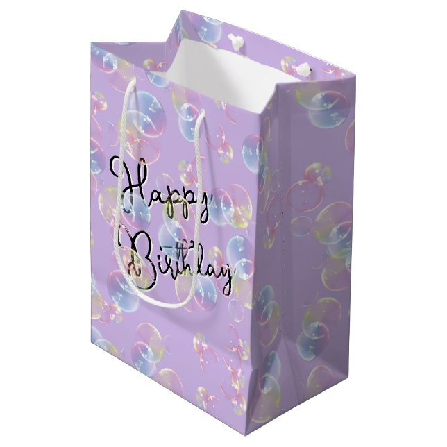 Sac Cadeau Moyen Bulles De Savon D'Anniversaire Sur Violet (Devant Angle)