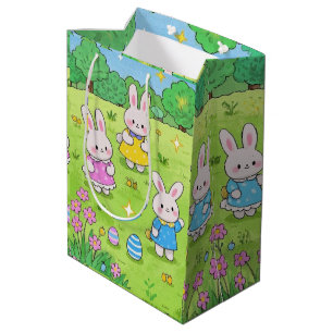 Sac Cadeau Moyen Bunnies de Pâques cachant des oeufs dans un jardin