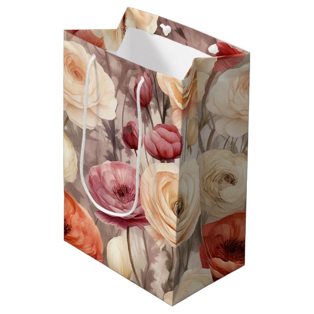 Sac Cadeau Moyen Burgundy Crème Fête de mariage Fleurs printanières (Devant Angle)