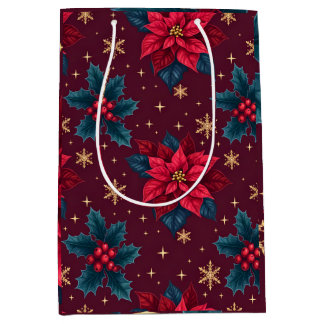 Sac Cadeau Moyen Burgundy Poinsettia & Gold Snowflake Dark Feminine