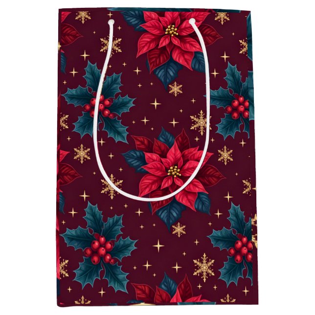 Sac Cadeau Moyen Burgundy Poinsettia & Gold Snowflake Dark Feminine (Devant)