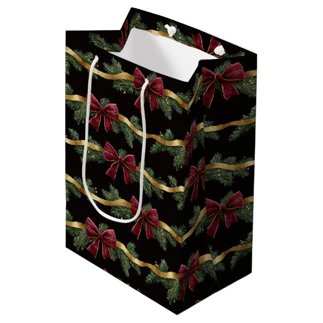 Sac Cadeau Moyen Burgundy Red Bows Gold Ribbons Christmas (Devant Angle)