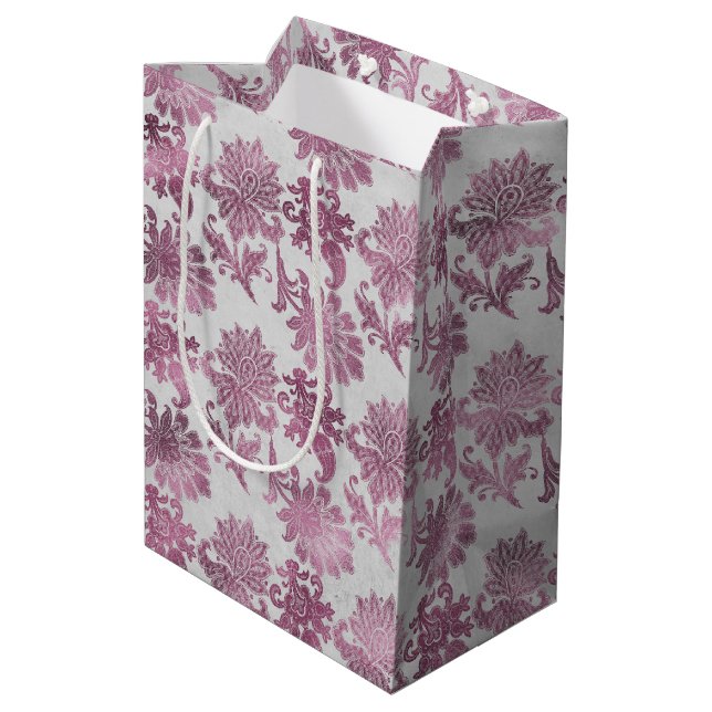 Sac Cadeau Moyen Burgundy Rouge Fête de Mariage Florale Argent (Dos Angle)