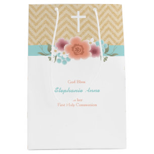 Sac Cadeau Moyen Butin floral de communion en or et Aqua