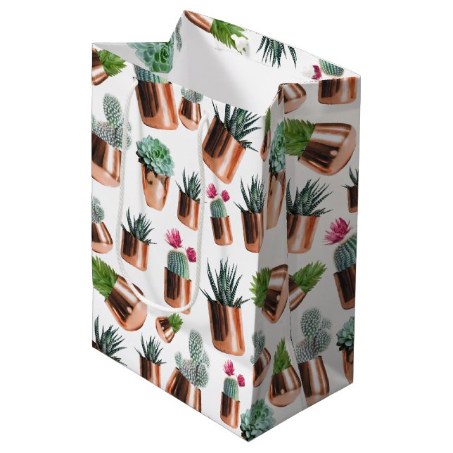 Sac Cadeau Moyen Cactus et succulents dans des pots d'or Roses (Devant Angle)