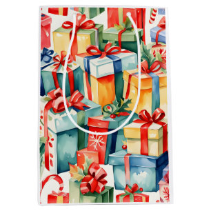 Sac Cadeau Moyen Cadeaux de Noël Colorés à Motif Aquarelle