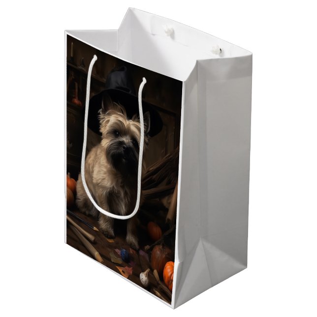Sac Cadeau Moyen Cairn Terrier Citrouilles Halloween effroi (Devant Angle)
