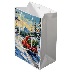 Sac Cadeau Moyen Camionnette Rouge Vintage Transportant un Sapin de