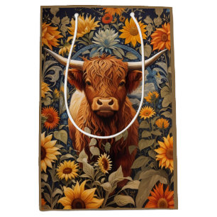 Sac Cadeau Moyen Campagne rustique Highland Cow Sunflowers