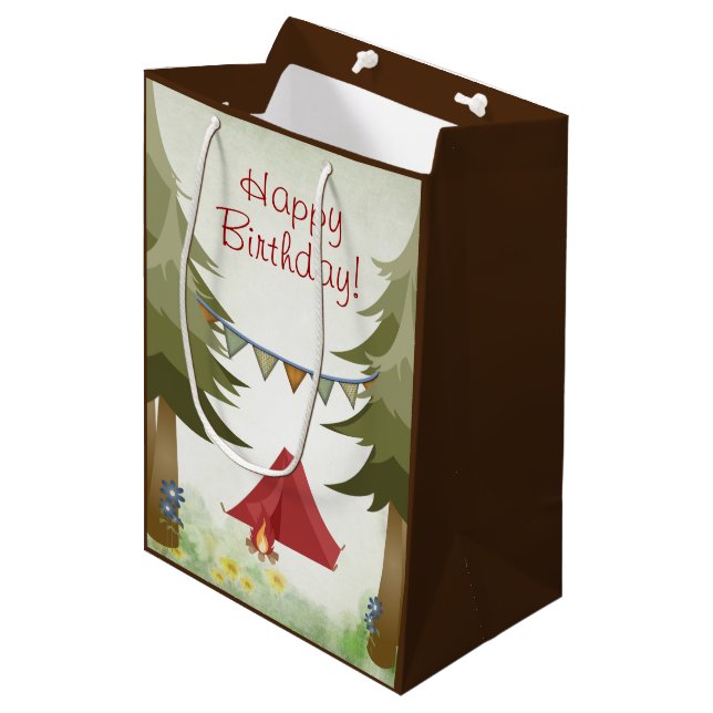 Sac Cadeau Moyen Camping, tente, feu de camp, Fleurs Bois Anniversa (Devant Angle)